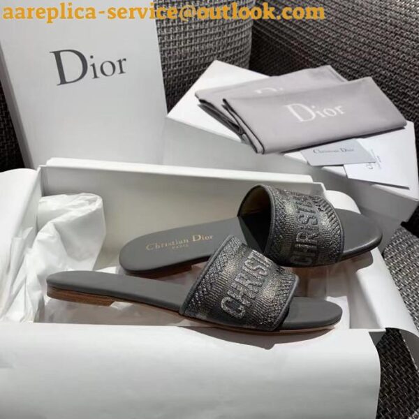 Replica Dior Dway Slides In Grey-Tone Embroidered Metallic Fabric 5