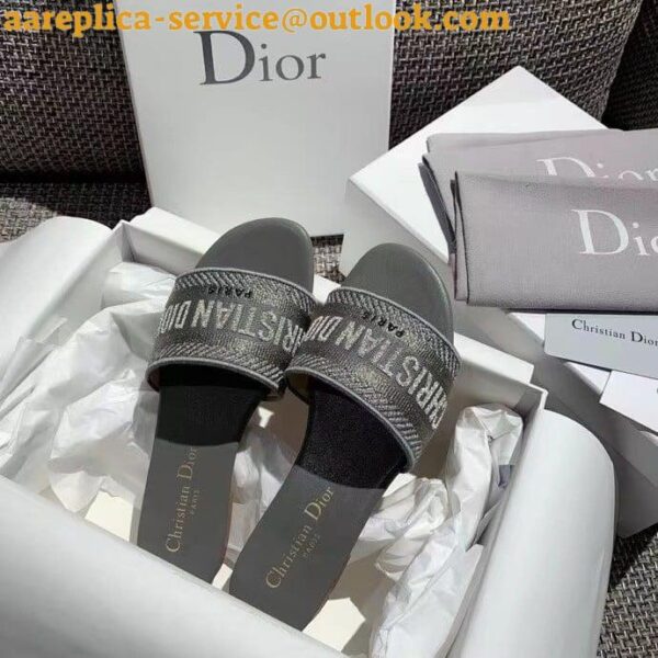 Replica Dior Dway Slides In Grey-Tone Embroidered Metallic Fabric 6