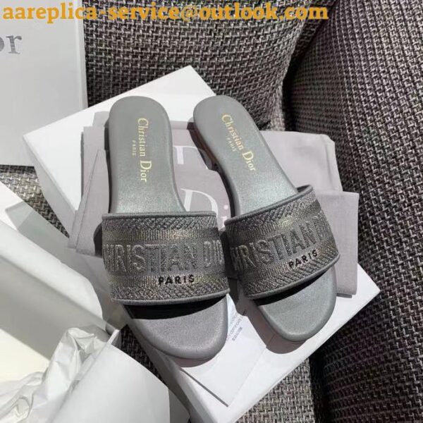 Replica Dior Dway Slides In Grey-Tone Embroidered Metallic Fabric 8