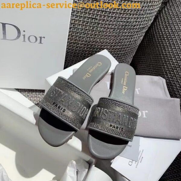 Replica Dior Dway Slides In Grey-Tone Embroidered Metallic Fabric 9