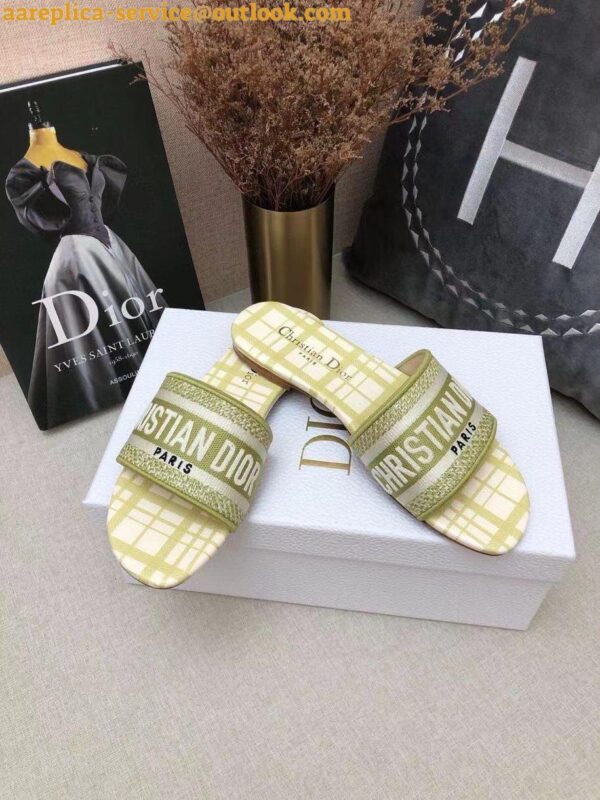 Replica Dior Dway Slides In Lemon Check'n'Dior Embroidered Cotton 5