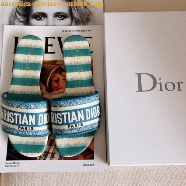 Replica Dior Dway Slides In Ocean Blue D-Stripes Embroidered Cotton 7