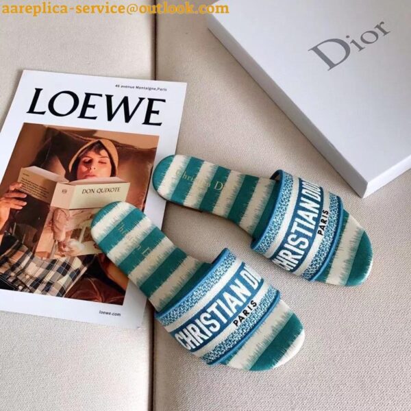 Replica Dior Dway Slides In Ocean Blue D-Stripes Embroidered Cotton 9