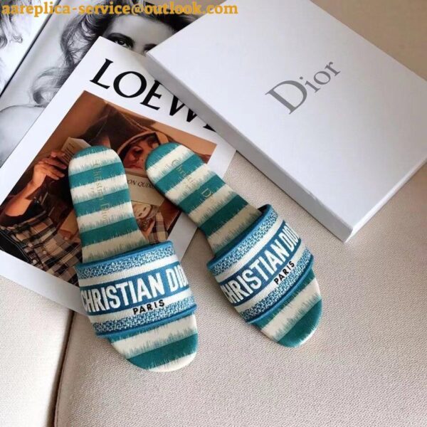 Replica Dior Dway Slides In Ocean Blue D-Stripes Embroidered Cotton 10