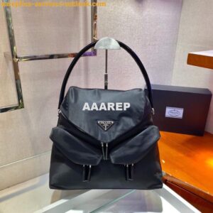 Replica Prada Signaux Nylon and Leather Hobo Bag 1BC160 Black