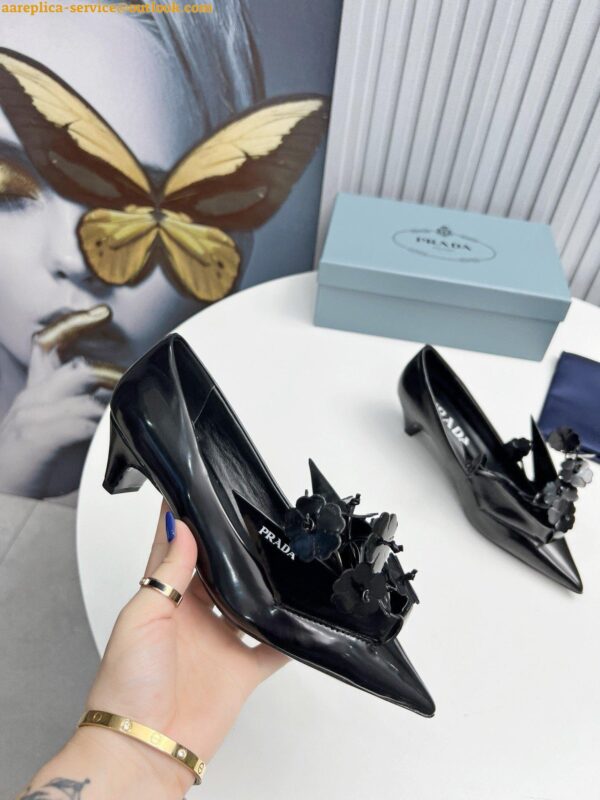 Replica Prada Pumps 45mm in Black Leather with Floral Appliques 6