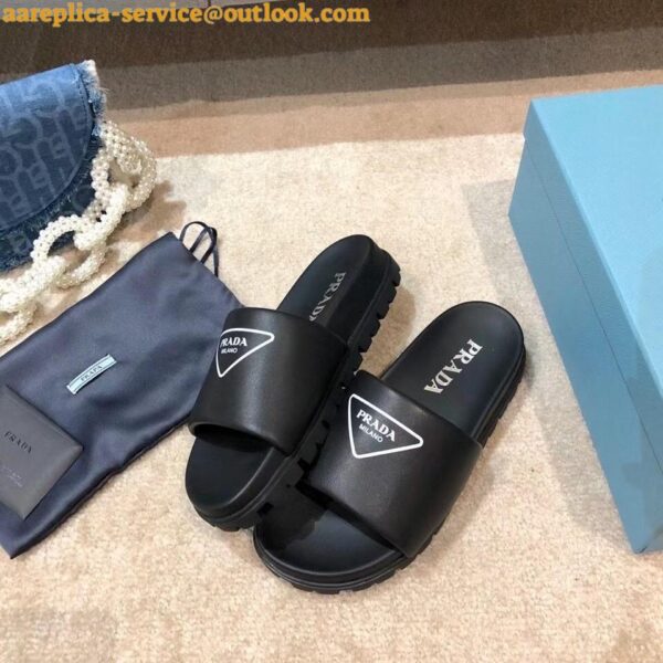 Replica Prada Black Leather Slides with Printed Triangle Logo 5