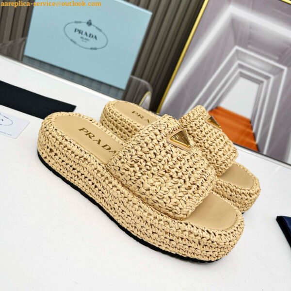 Replica Prada Crochet Flatform Slides in Beige Raffia-effect Yarn 10