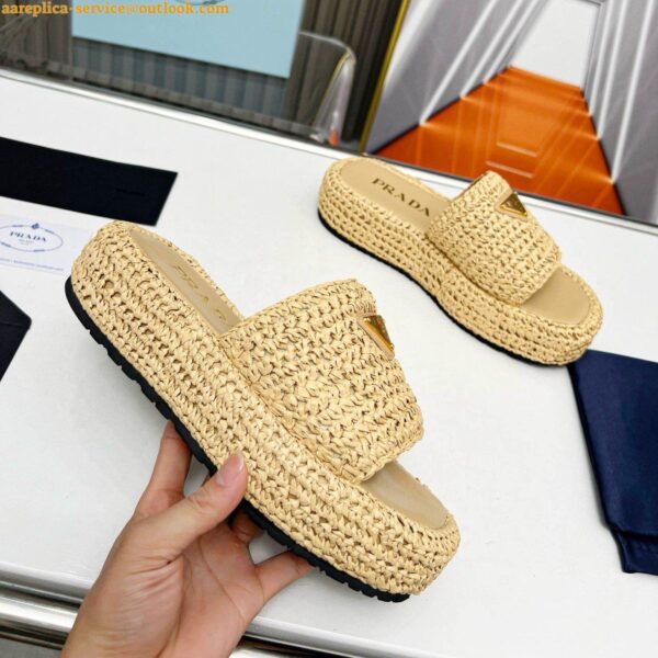 Replica Prada Crochet Flatform Slides in Beige Raffia-effect Yarn 11