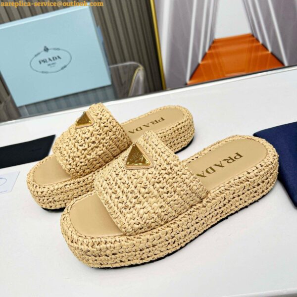 Replica Prada Crochet Flatform Slides in Beige Raffia-effect Yarn 12