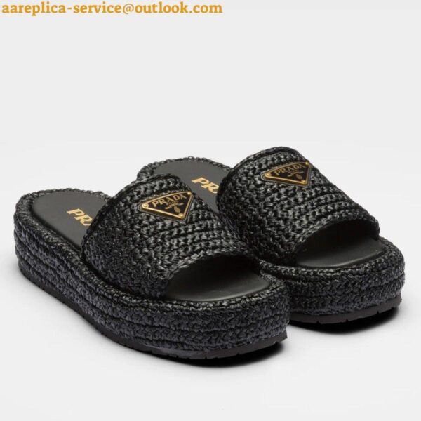 Replica Prada Crochet Flatform Slides in Black Raffia-effect Yarn 3