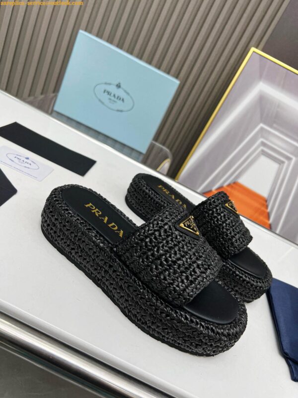 Replica Prada Crochet Flatform Slides in Black Raffia-effect Yarn 6