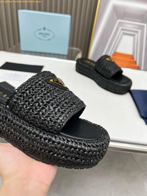 Replica Prada Crochet Flatform Slides in Black Raffia-effect Yarn 7