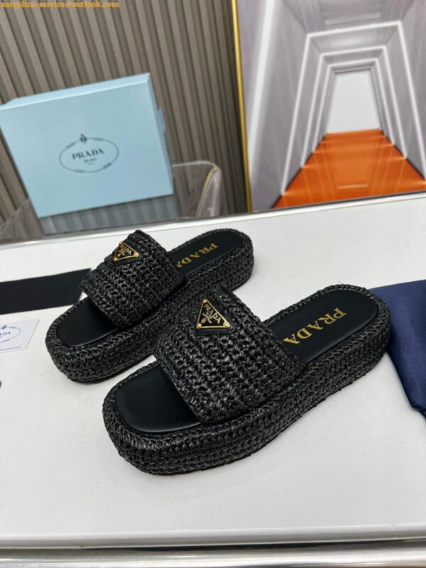 Replica Prada Crochet Flatform Slides in Black Raffia-effect Yarn 9