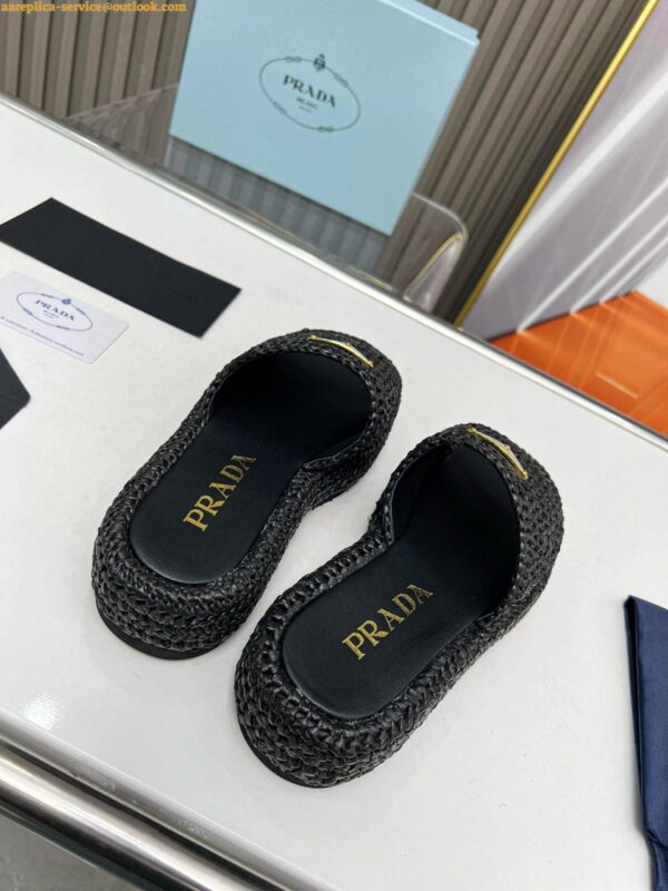 Replica Prada Crochet Flatform Slides in Black Raffia-effect Yarn 10