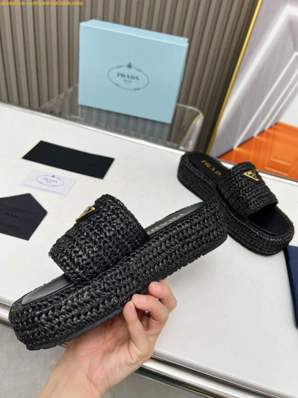 Replica Prada Crochet Flatform Slides in Black Raffia-effect Yarn 11