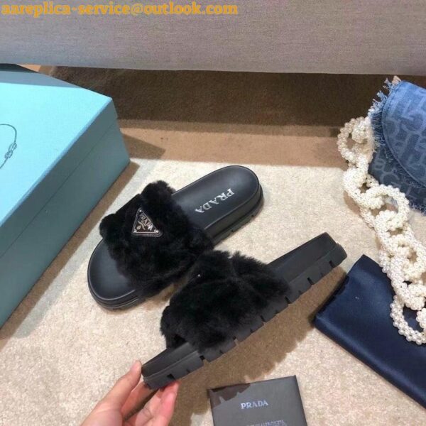 Replica Prada Women's Slides In Black Shearling 6