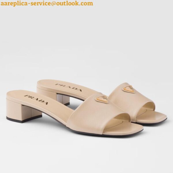 Replica Prada Heeled Sandals 35mm in Beige Saffiano Leather 2