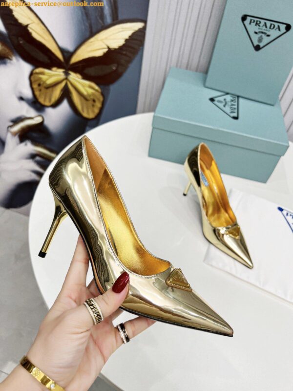 Replica Prada Slingbacks Pumps 85mm In Gold Metallic Leather 8