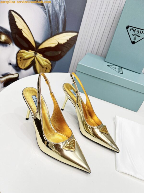 Replica Prada Slingbacks Pumps 85mm In Gold Metallic Leather 13