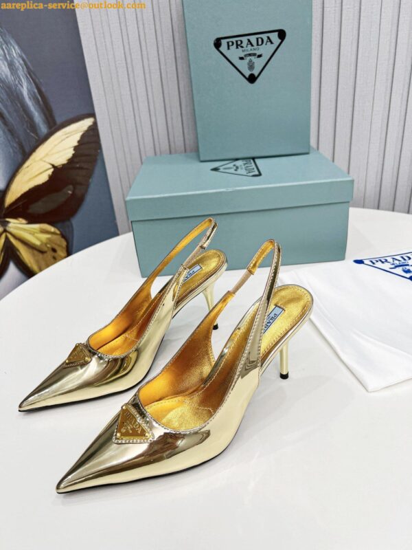 Replica Prada Slingbacks Pumps 85mm In Gold Metallic Leather 14