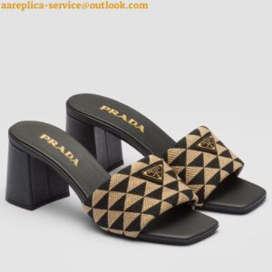 Replica Prada Heeled Slide Sandals 65mm in Black and Beige Fabric 2