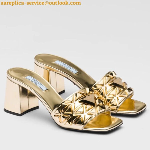 Replica Prada Heeled Slide Sandals 65mm In Gold Metallic Leather 3