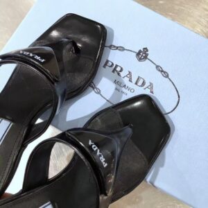 Replica Prada Heeled Thong Sandals In Black Brushed Leather