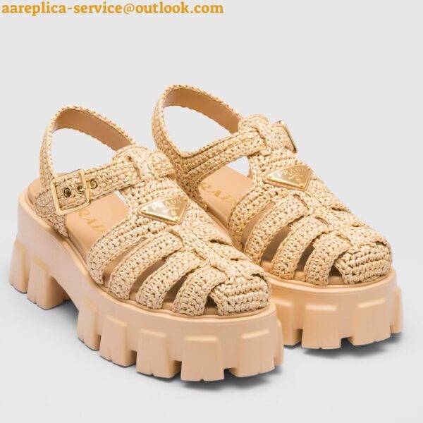 Replica Prada Monolith Crochet Cage Sandals in Beige Raffia Fabric