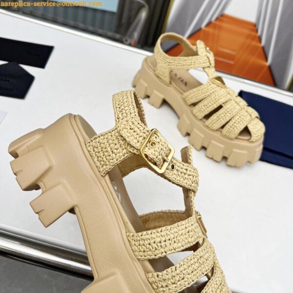 Replica Prada Monolith Crochet Cage Sandals in Beige Raffia Fabric 6