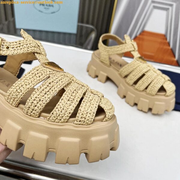 Replica Prada Monolith Crochet Cage Sandals in Beige Raffia Fabric 8