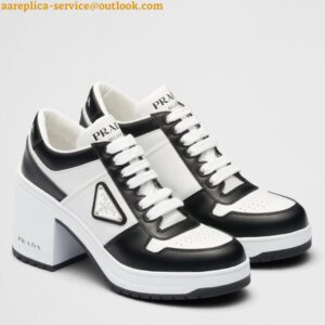 Replica Prada Downtown High-heeled Sneakers in Black and White Leather