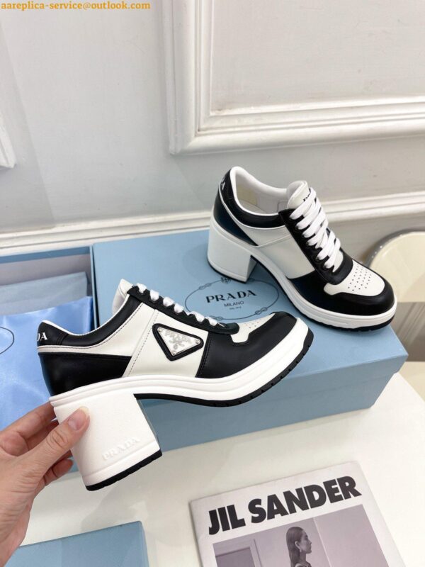 Replica Prada Downtown High-heeled Sneakers in Black and White Leather 6