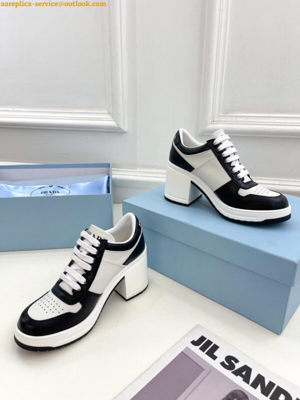 Replica Prada Downtown High-heeled Sneakers in Black and White Leather 7