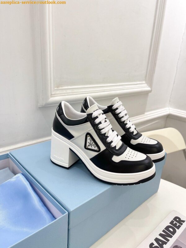 Replica Prada Downtown High-heeled Sneakers in Black and White Leather 9