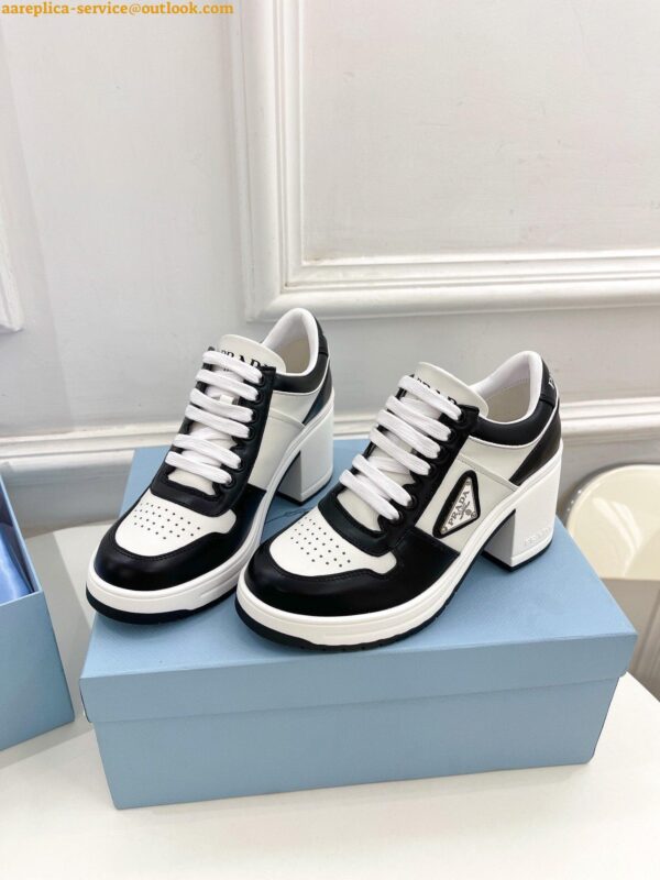 Replica Prada Downtown High-heeled Sneakers in Black and White Leather 10