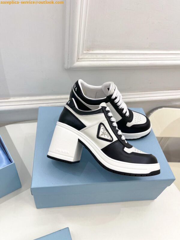 Replica Prada Downtown High-heeled Sneakers in Black and White Leather 11