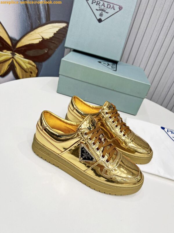 Replica Prada Women's Downtown Sneakers In Gold Metallic Leather 5