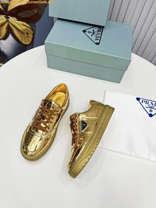 Replica Prada Women's Downtown Sneakers In Gold Metallic Leather 8