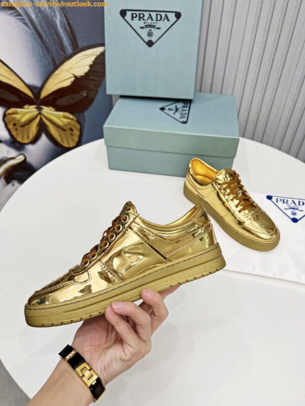 Replica Prada Women's Downtown Sneakers In Gold Metallic Leather 9