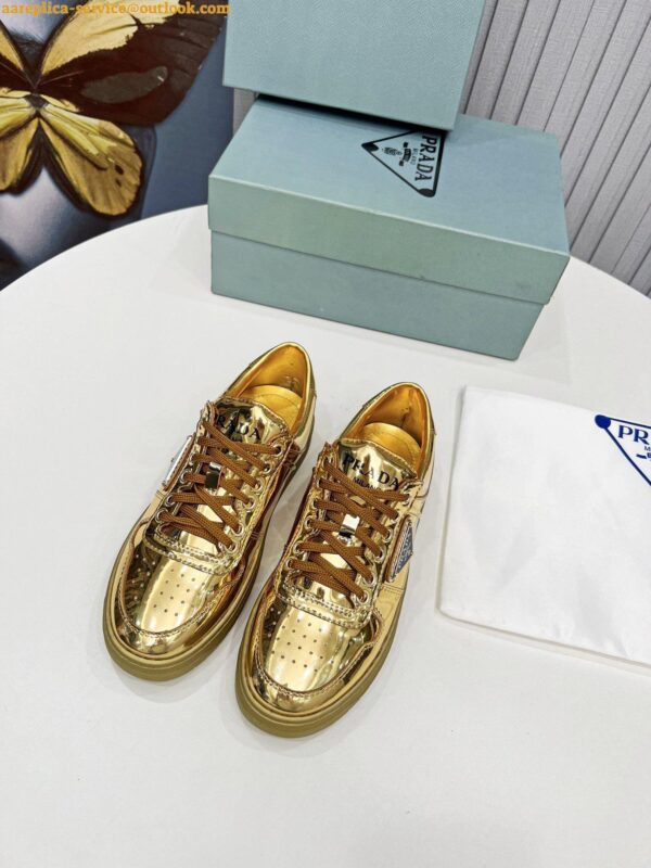 Replica Prada Women's Downtown Sneakers In Gold Metallic Leather 10