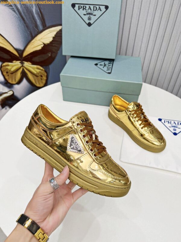 Replica Prada Women's Downtown Sneakers In Gold Metallic Leather 11