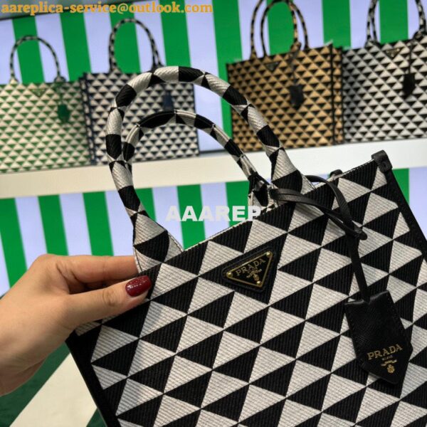 Replica Prada 1BA354 Small Prada Symbole jacquard fabric handbag Black White 6