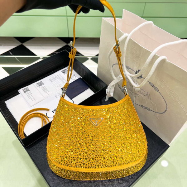 Replica Prada 1BC169 Prada Cleo satin bag with appliqués Gold Yellow 3