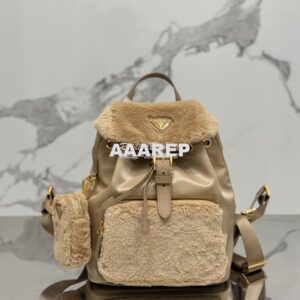 Replica Prada Re-Nylon and shearling backpack 1BZ074 Écru/Noisette