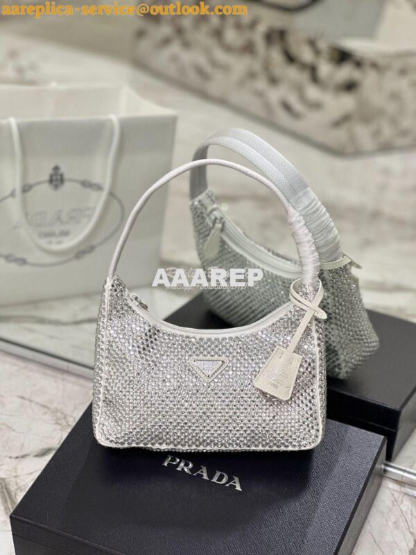 Replica Prada Satin Mini-Bag with Artificial Crystals 1NE515 White 3