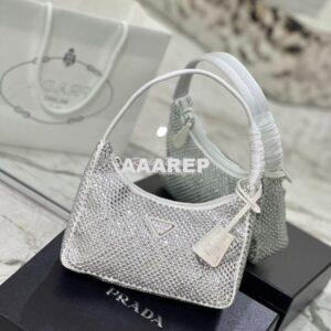 Replica Prada Satin Mini-Bag with Artificial Crystals 1NE515 White 2