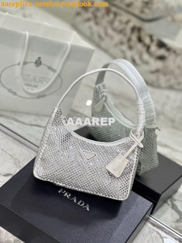 Replica Prada Satin Mini-Bag with Artificial Crystals 1NE515 White 4