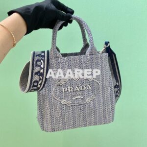 Replica Prada Small Logo Ricamo Jacquard Tote 1BA343 Blue 2