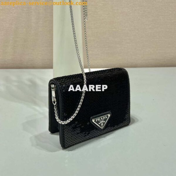 Replica Prada sequins-studded card holder with shoulder strap 1MR024 Black 3